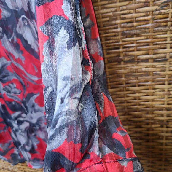 Nikkies Threads Red Gray Floral Sheer Blouse Size L Button & Arm Accent Pocket - Picture 2 of 6